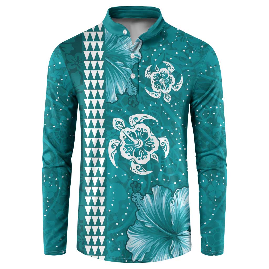 Teal Hibiscus Turle Button Sweatshirt Hawaiian Style Tribal Tapa Pattern