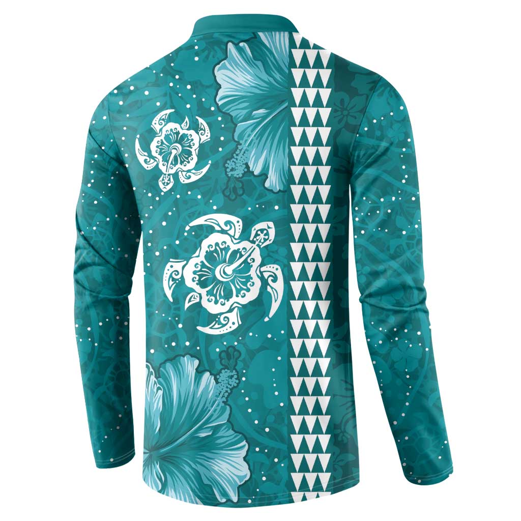 Teal Hibiscus Turle Button Sweatshirt Hawaiian Style Tribal Tapa Pattern