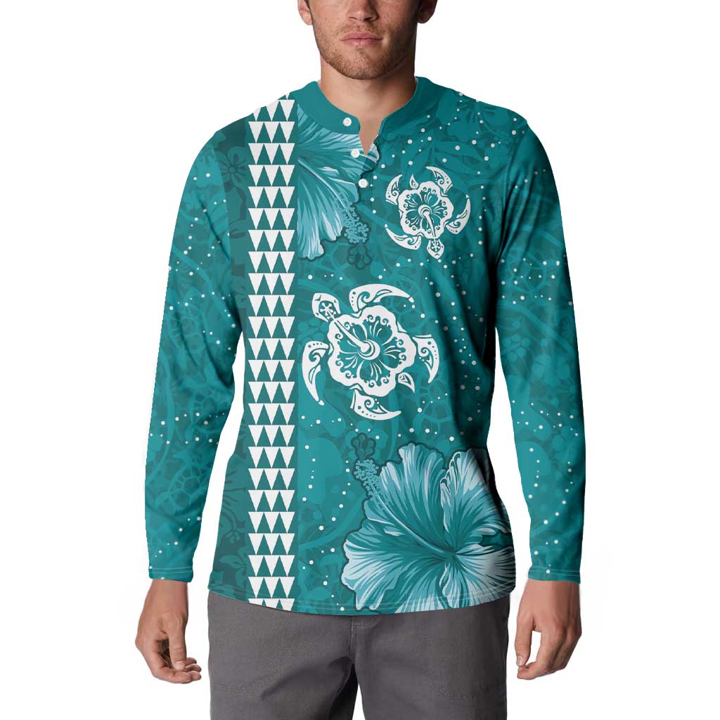 Teal Hibiscus Turle Button Sweatshirt Hawaiian Style Tribal Tapa Pattern