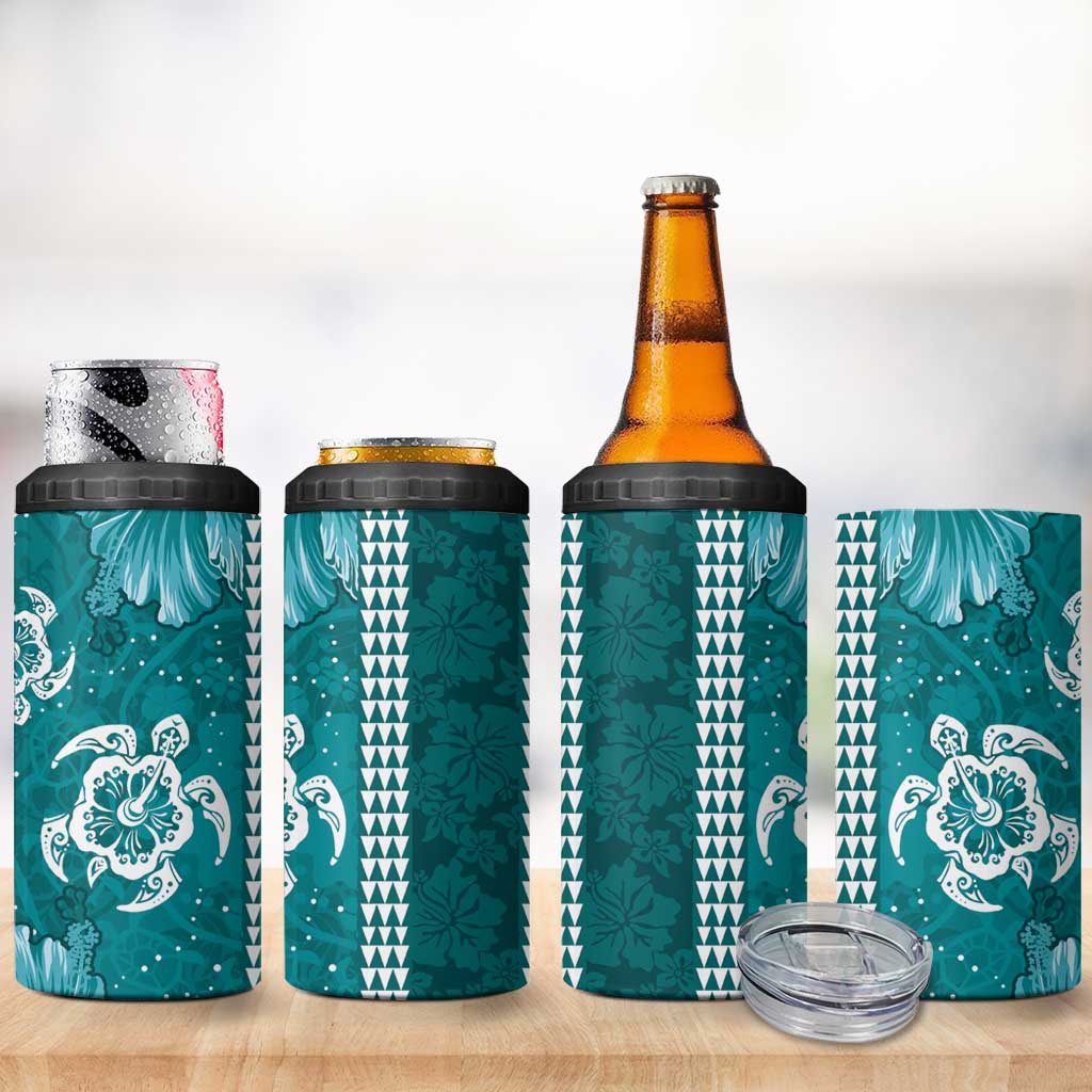 Teal Hibiscus Turle 4 in 1 Can Cooler Tumbler Hawaiian Style Tribal Tapa Pattern