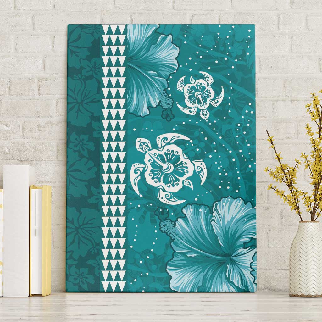 Teal Hibiscus Turle Canvas Wall Art Hawaiian Style Tribal Tapa Pattern