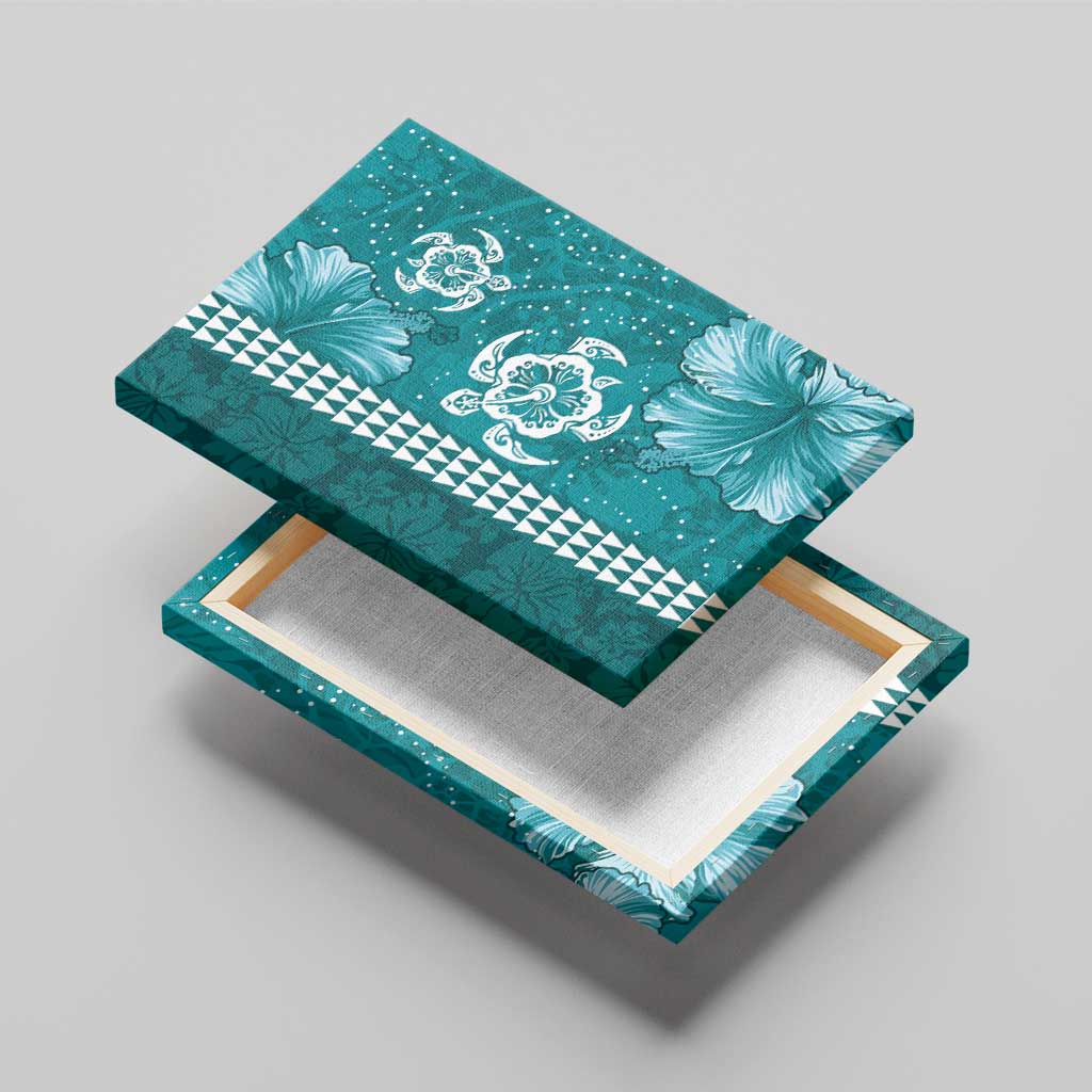 Teal Hibiscus Turle Canvas Wall Art Hawaiian Style Tribal Tapa Pattern