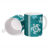 Teal Hibiscus Turle Ceramic Mug Hawaiian Style Tribal Tapa Pattern - Polynesian Pride