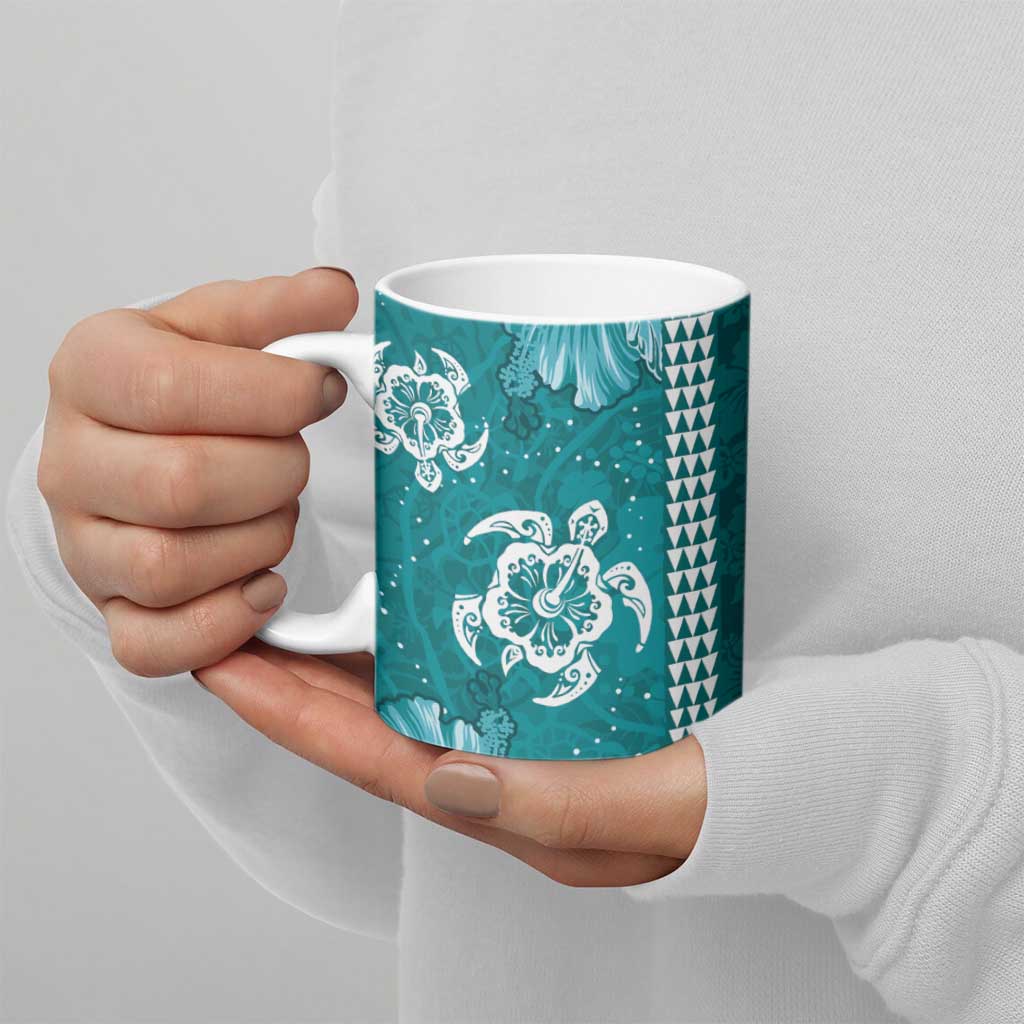 Teal Hibiscus Turle Ceramic Mug Hawaiian Style Tribal Tapa Pattern - Polynesian Pride