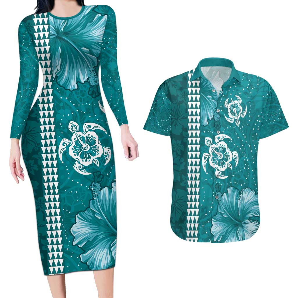 Teal Hibiscus Turle Couples Matching Long Sleeve Bodycon Dress and Hawaiian Shirt Hawaiian Style Tribal Tapa Pattern