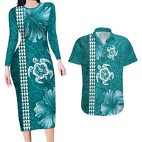 Teal Hibiscus Turle Couples Matching Long Sleeve Bodycon Dress and Hawaiian Shirt Hawaiian Style Tribal Tapa Pattern