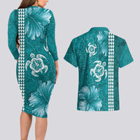Teal Hibiscus Turle Couples Matching Long Sleeve Bodycon Dress and Hawaiian Shirt Hawaiian Style Tribal Tapa Pattern
