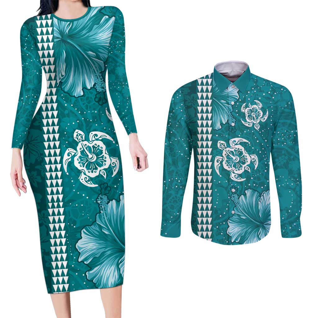 Teal Hibiscus Turle Couples Matching Long Sleeve Bodycon Dress and Long Sleeve Button Shirt Hawaiian Style Tribal Tapa Pattern