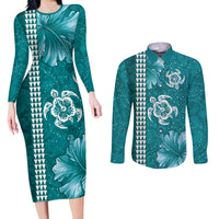 Teal Hibiscus Turle Couples Matching Long Sleeve Bodycon Dress and Long Sleeve Button Shirt Hawaiian Style Tribal Tapa Pattern