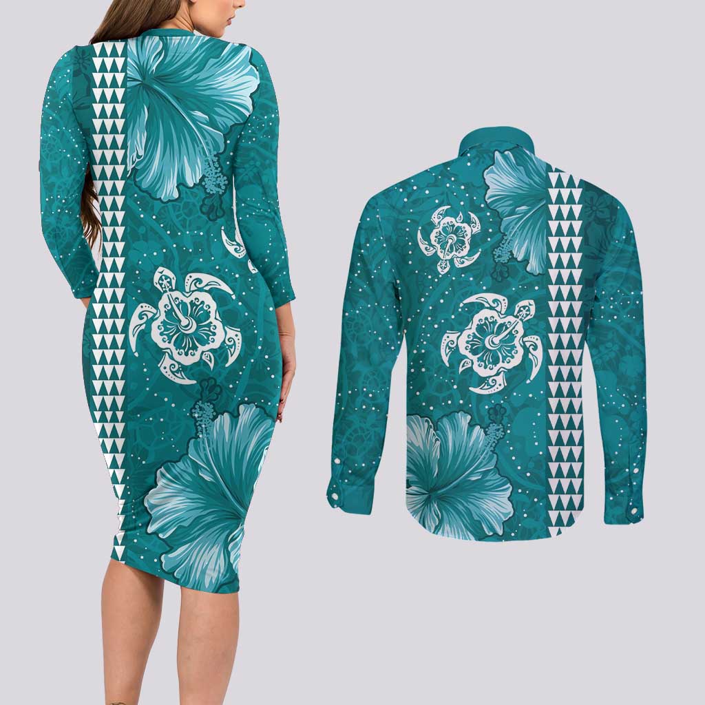 Teal Hibiscus Turle Couples Matching Long Sleeve Bodycon Dress and Long Sleeve Button Shirt Hawaiian Style Tribal Tapa Pattern