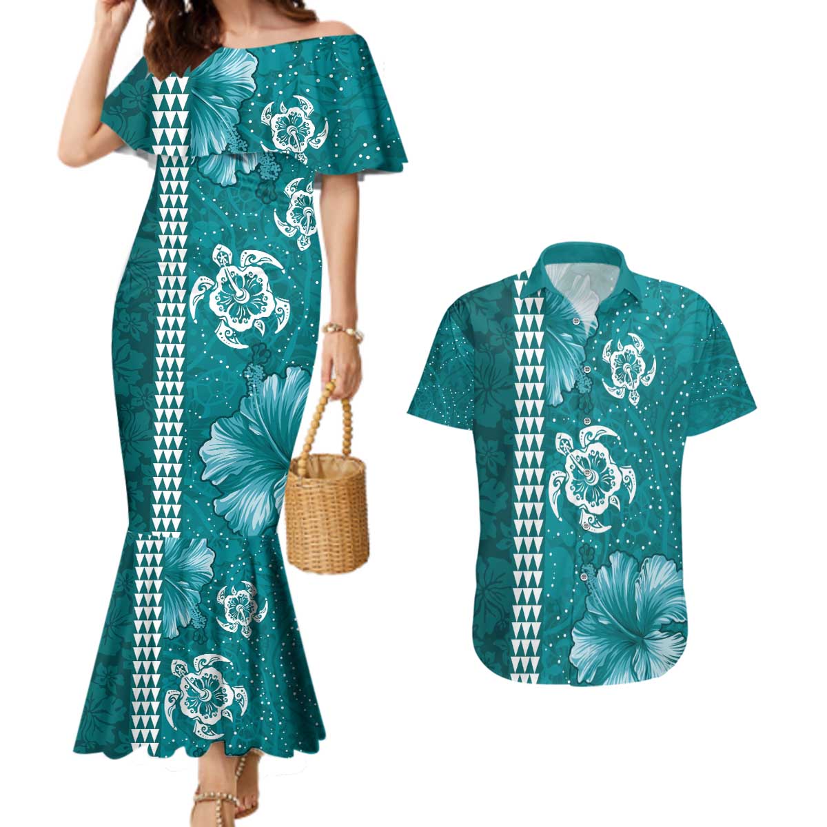 Teal Hibiscus Turle Couples Matching Mermaid Dress and Hawaiian Shirt Hawaiian Style Tribal Tapa Pattern