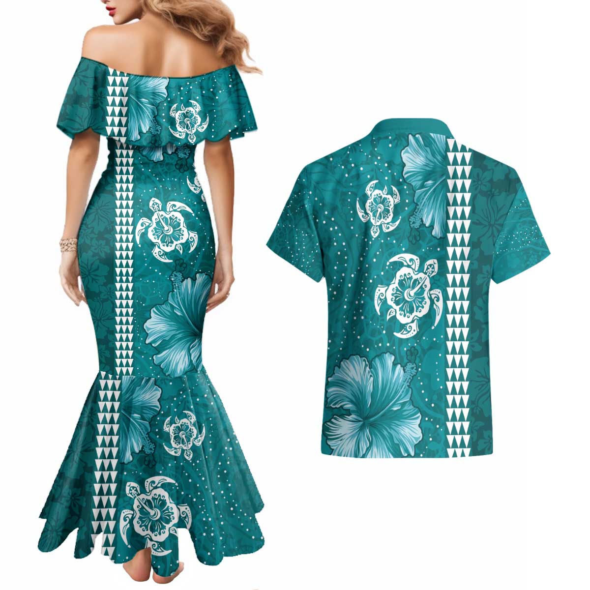 Teal Hibiscus Turle Couples Matching Mermaid Dress and Hawaiian Shirt Hawaiian Style Tribal Tapa Pattern