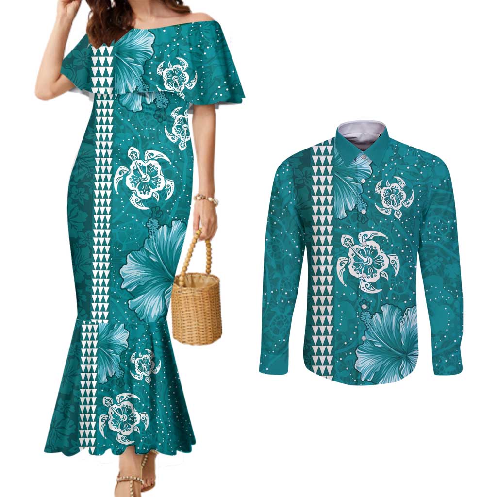 Teal Hibiscus Turle Couples Matching Mermaid Dress and Long Sleeve Button Shirt Hawaiian Style Tribal Tapa Pattern