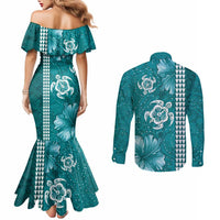 Teal Hibiscus Turle Couples Matching Mermaid Dress and Long Sleeve Button Shirt Hawaiian Style Tribal Tapa Pattern