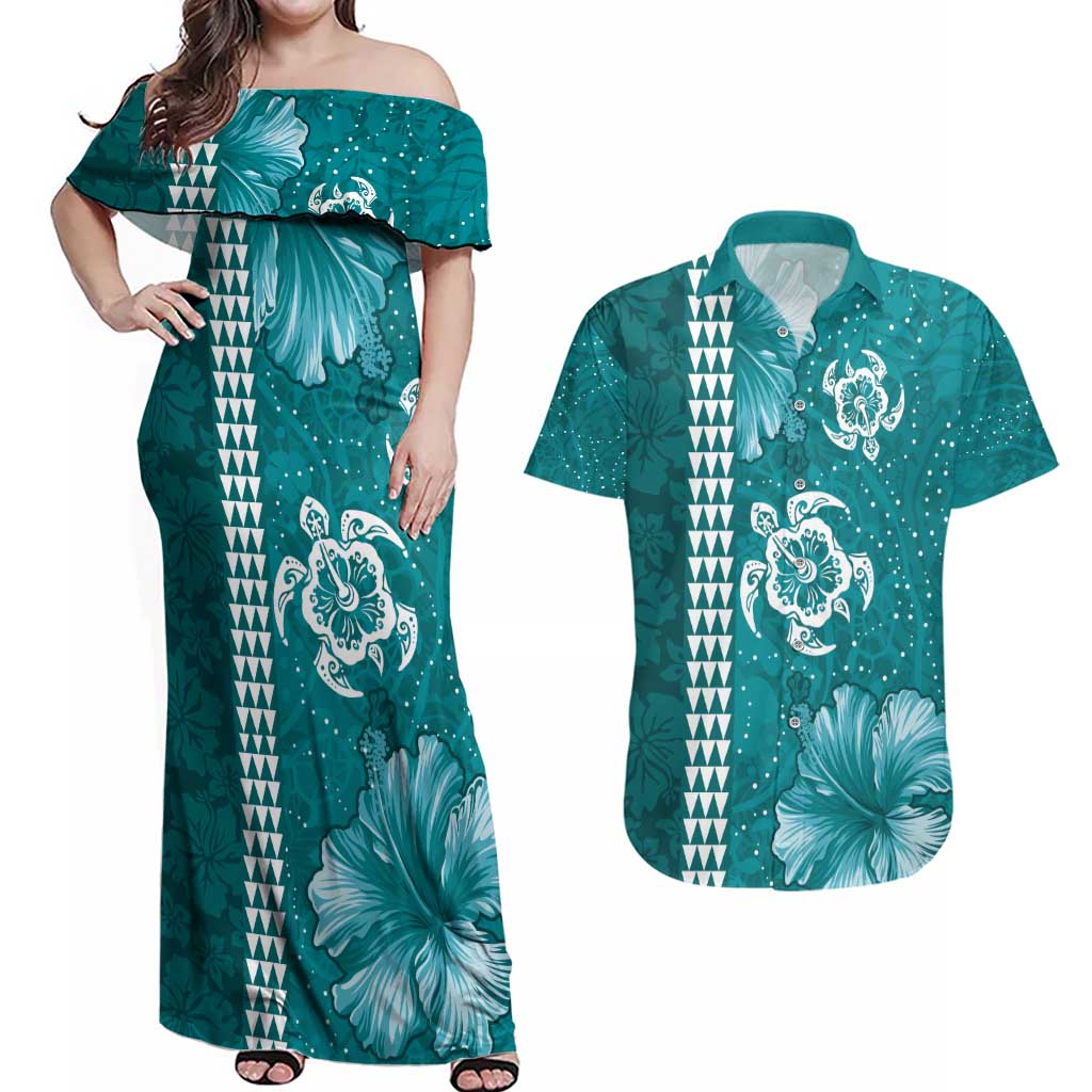 Teal Hibiscus Turle Couples Matching Off Shoulder Maxi Dress and Hawaiian Shirt Hawaiian Style Tribal Tapa Pattern