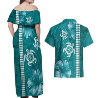 Teal Hibiscus Turle Couples Matching Off Shoulder Maxi Dress and Hawaiian Shirt Hawaiian Style Tribal Tapa Pattern