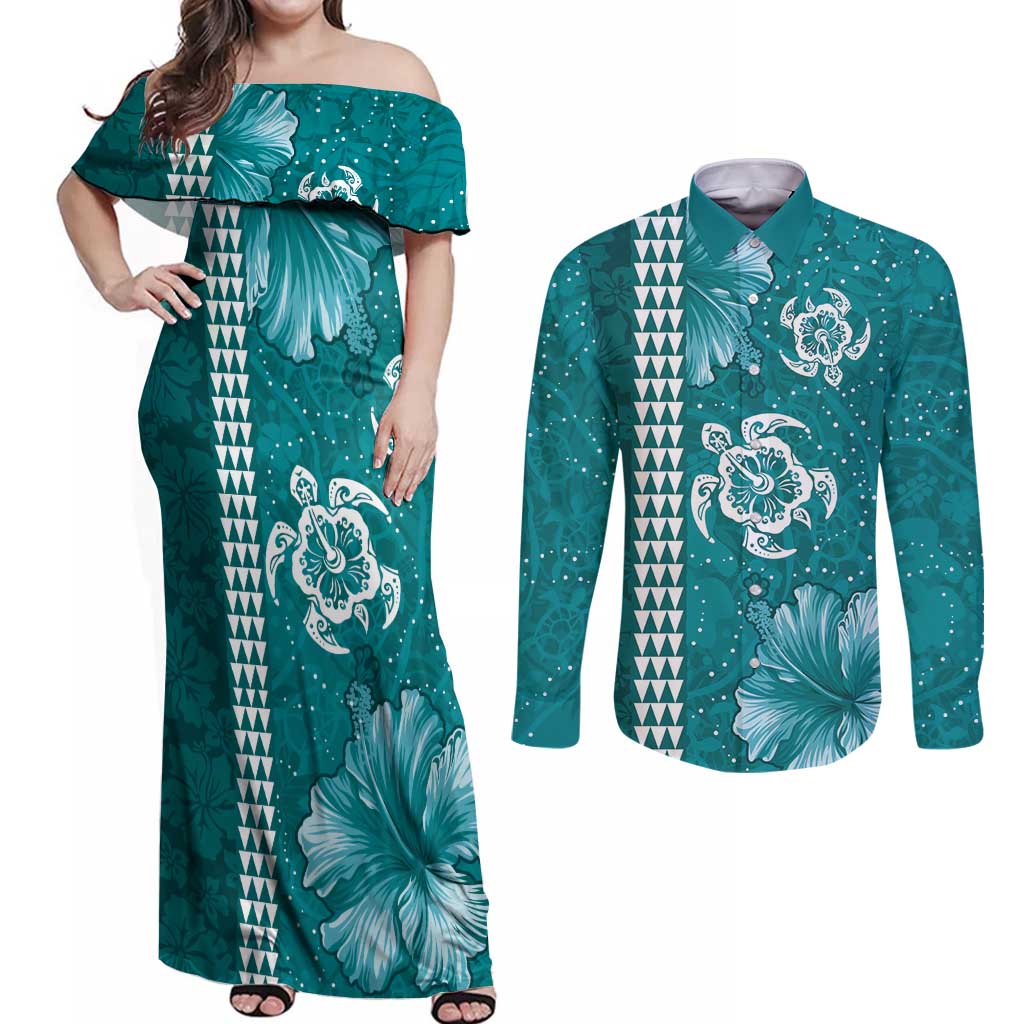 Teal Hibiscus Turle Couples Matching Off Shoulder Maxi Dress and Long Sleeve Button Shirt Hawaiian Style Tribal Tapa Pattern
