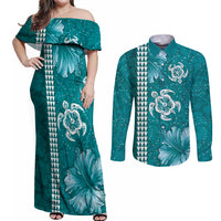Teal Hibiscus Turle Couples Matching Off Shoulder Maxi Dress and Long Sleeve Button Shirt Hawaiian Style Tribal Tapa Pattern
