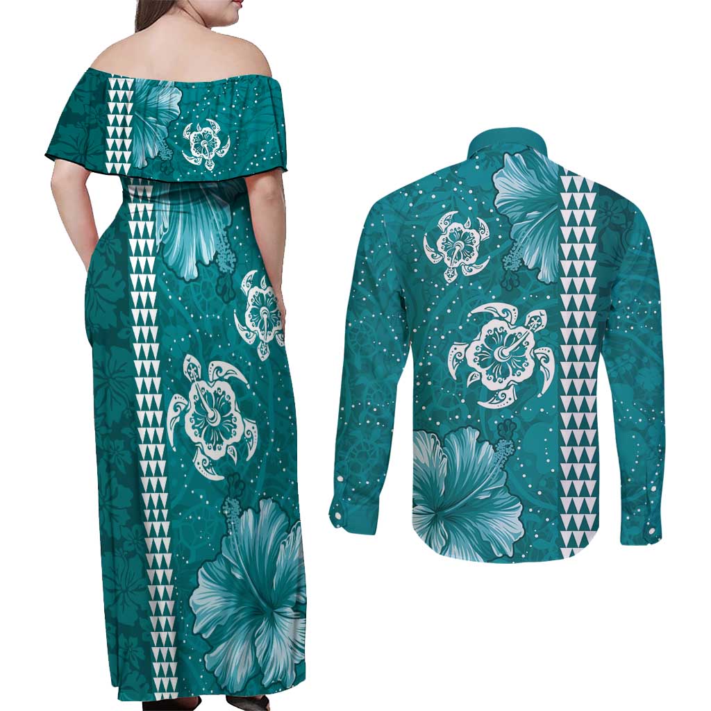 Teal Hibiscus Turle Couples Matching Off Shoulder Maxi Dress and Long Sleeve Button Shirt Hawaiian Style Tribal Tapa Pattern