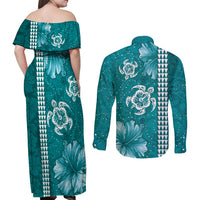 Teal Hibiscus Turle Couples Matching Off Shoulder Maxi Dress and Long Sleeve Button Shirt Hawaiian Style Tribal Tapa Pattern