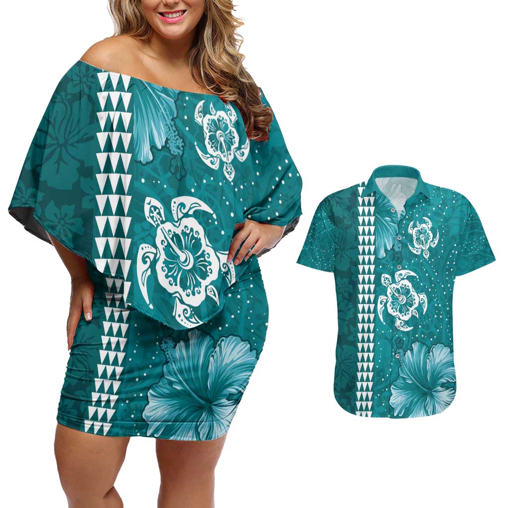 Teal Hibiscus Turle Couples Matching Off Shoulder Short Dress and Hawaiian Shirt Hawaiian Style Tribal Tapa Pattern