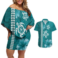 Teal Hibiscus Turle Couples Matching Off Shoulder Short Dress and Hawaiian Shirt Hawaiian Style Tribal Tapa Pattern