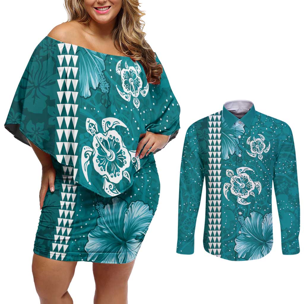 Teal Hibiscus Turle Couples Matching Off Shoulder Short Dress and Long Sleeve Button Shirt Hawaiian Style Tribal Tapa Pattern