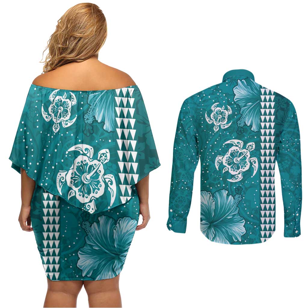 Teal Hibiscus Turle Couples Matching Off Shoulder Short Dress and Long Sleeve Button Shirt Hawaiian Style Tribal Tapa Pattern