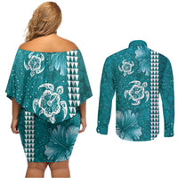 Teal Hibiscus Turle Couples Matching Off Shoulder Short Dress and Long Sleeve Button Shirt Hawaiian Style Tribal Tapa Pattern