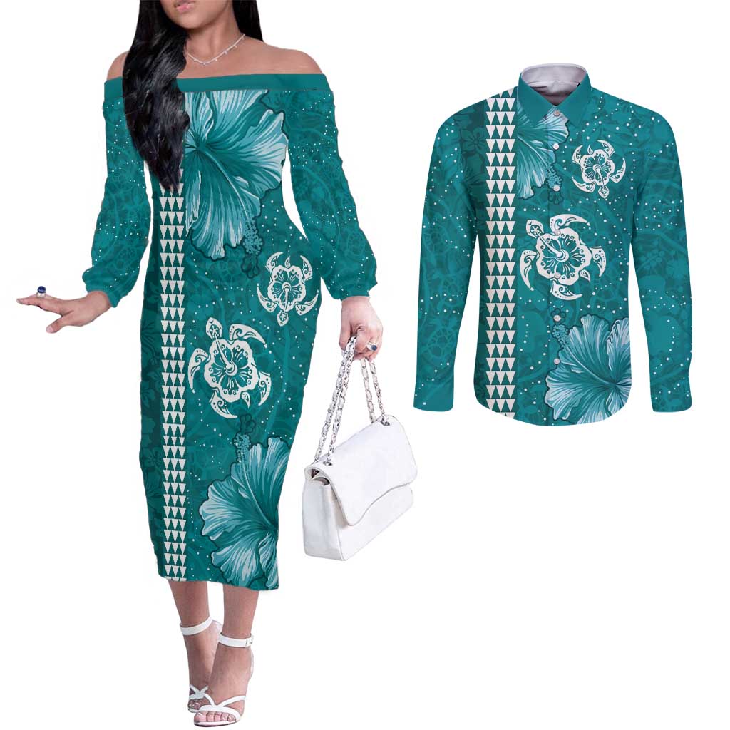 Teal Hibiscus Turle Couples Matching Off The Shoulder Long Sleeve Dress and Long Sleeve Button Shirt Hawaiian Style Tribal Tapa Pattern