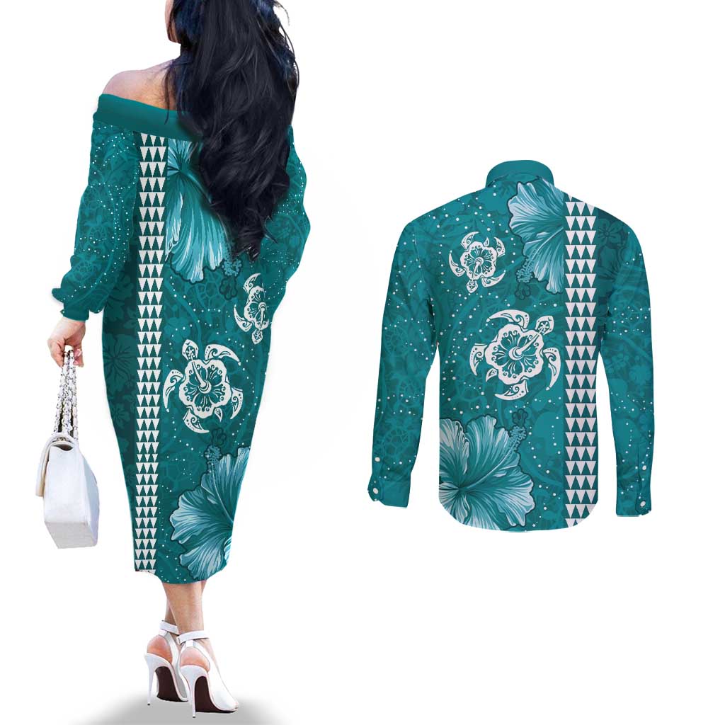 Teal Hibiscus Turle Couples Matching Off The Shoulder Long Sleeve Dress and Long Sleeve Button Shirt Hawaiian Style Tribal Tapa Pattern