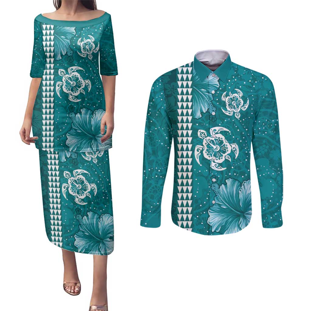 Teal Hibiscus Turle Couples Matching Puletasi and Long Sleeve Button Shirt Hawaiian Style Tribal Tapa Pattern