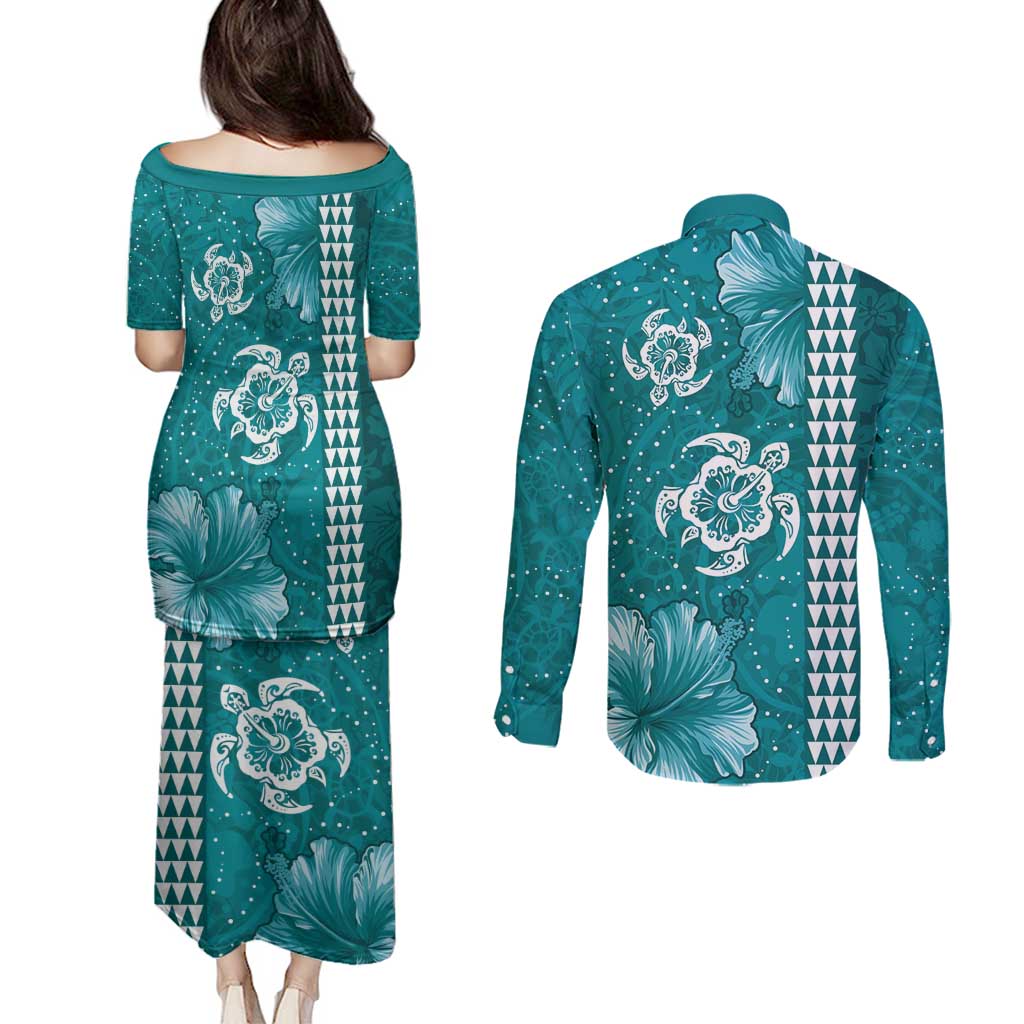 Teal Hibiscus Turle Couples Matching Puletasi and Long Sleeve Button Shirt Hawaiian Style Tribal Tapa Pattern