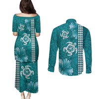 Teal Hibiscus Turle Couples Matching Puletasi and Long Sleeve Button Shirt Hawaiian Style Tribal Tapa Pattern