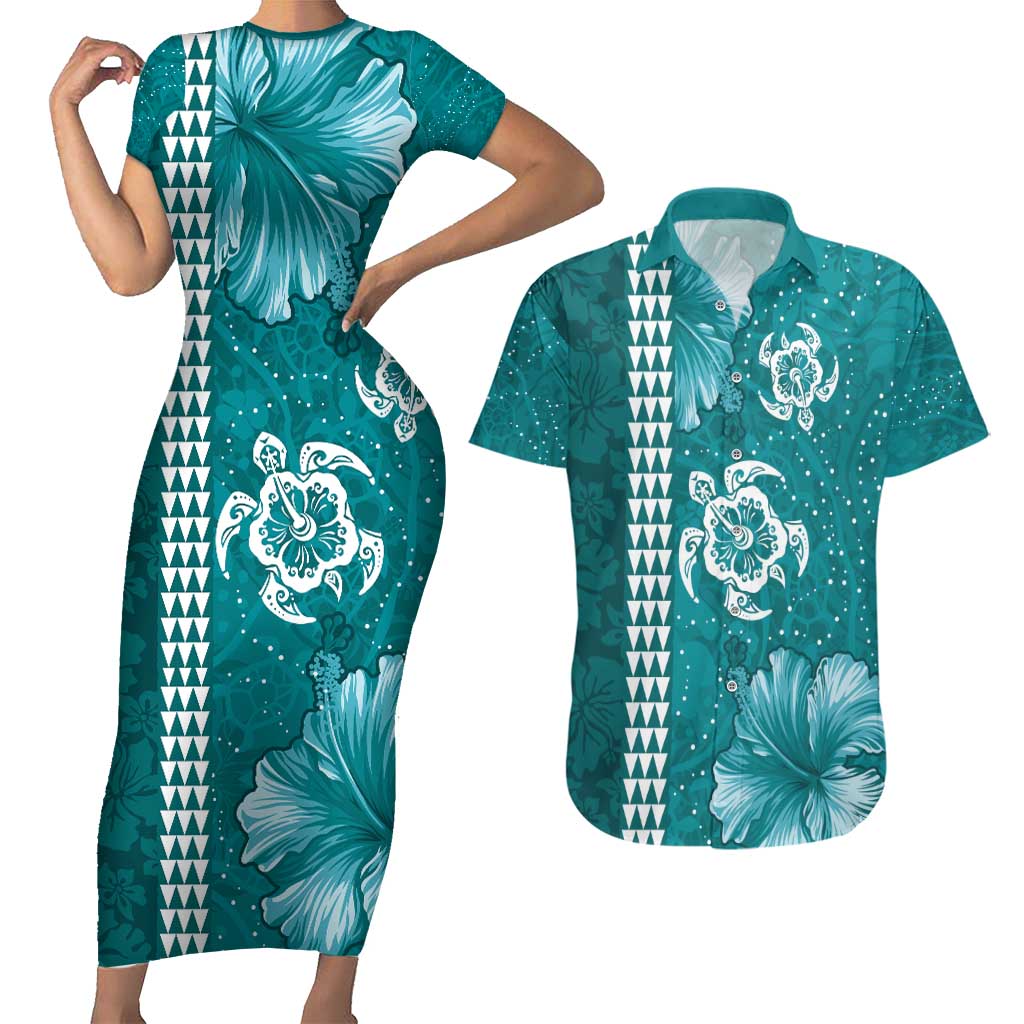 Teal Hibiscus Turle Couples Matching Short Sleeve Bodycon Dress and Hawaiian Shirt Hawaiian Style Tribal Tapa Pattern