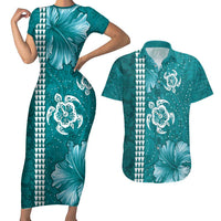 Teal Hibiscus Turle Couples Matching Short Sleeve Bodycon Dress and Hawaiian Shirt Hawaiian Style Tribal Tapa Pattern