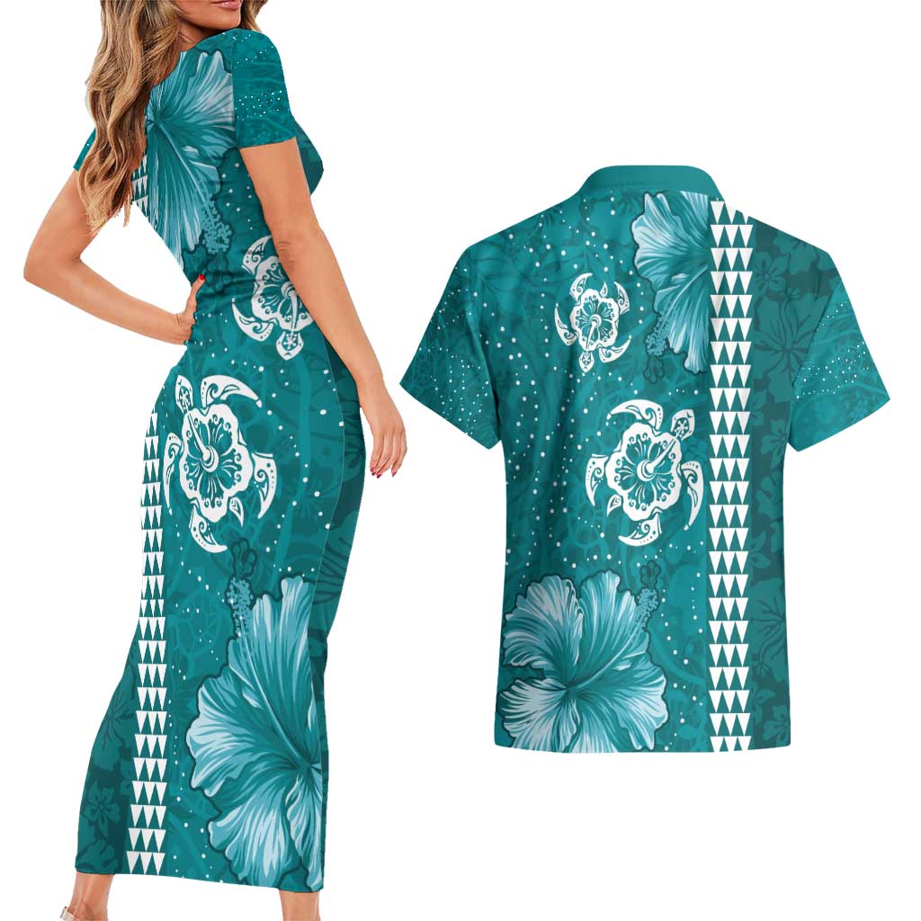 Teal Hibiscus Turle Couples Matching Short Sleeve Bodycon Dress and Hawaiian Shirt Hawaiian Style Tribal Tapa Pattern