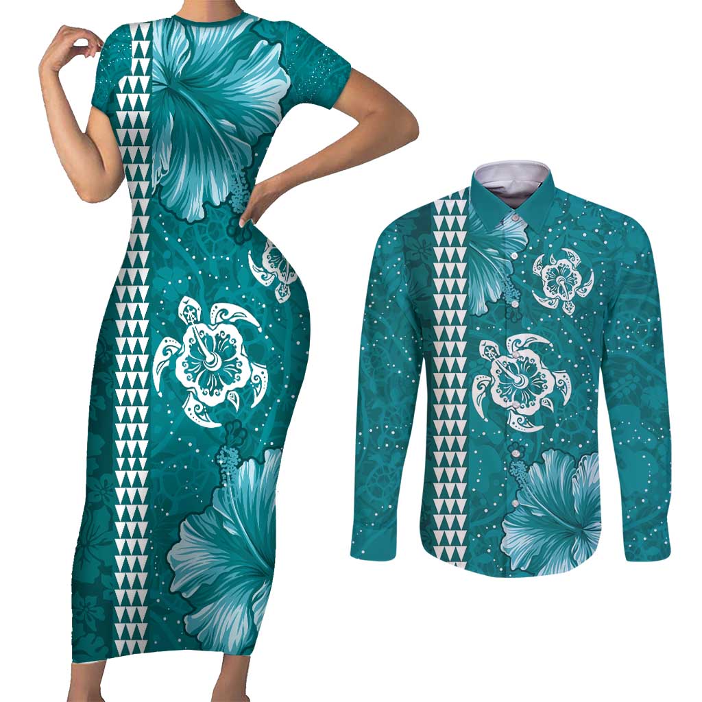 Teal Hibiscus Turle Couples Matching Short Sleeve Bodycon Dress and Long Sleeve Button Shirt Hawaiian Style Tribal Tapa Pattern