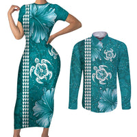 Teal Hibiscus Turle Couples Matching Short Sleeve Bodycon Dress and Long Sleeve Button Shirt Hawaiian Style Tribal Tapa Pattern
