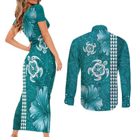 Teal Hibiscus Turle Couples Matching Short Sleeve Bodycon Dress and Long Sleeve Button Shirt Hawaiian Style Tribal Tapa Pattern