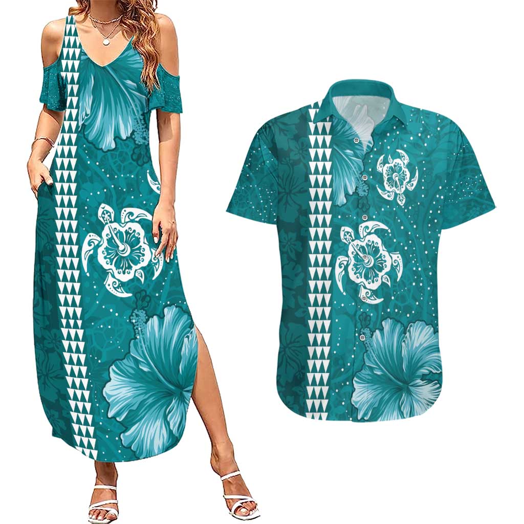 Teal Hibiscus Turle Couples Matching Summer Maxi Dress and Hawaiian Shirt Hawaiian Style Tribal Tapa Pattern