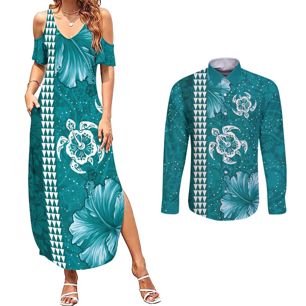 Teal Hibiscus Turle Couples Matching Summer Maxi Dress and Long Sleeve Button Shirt Hawaiian Style Tribal Tapa Pattern
