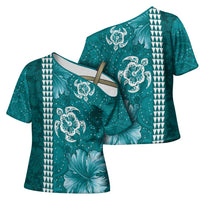 Teal Hibiscus Turle Cross Shoulder Shirt Hawaiian Style Tribal Tapa Pattern - Polynesian Pride