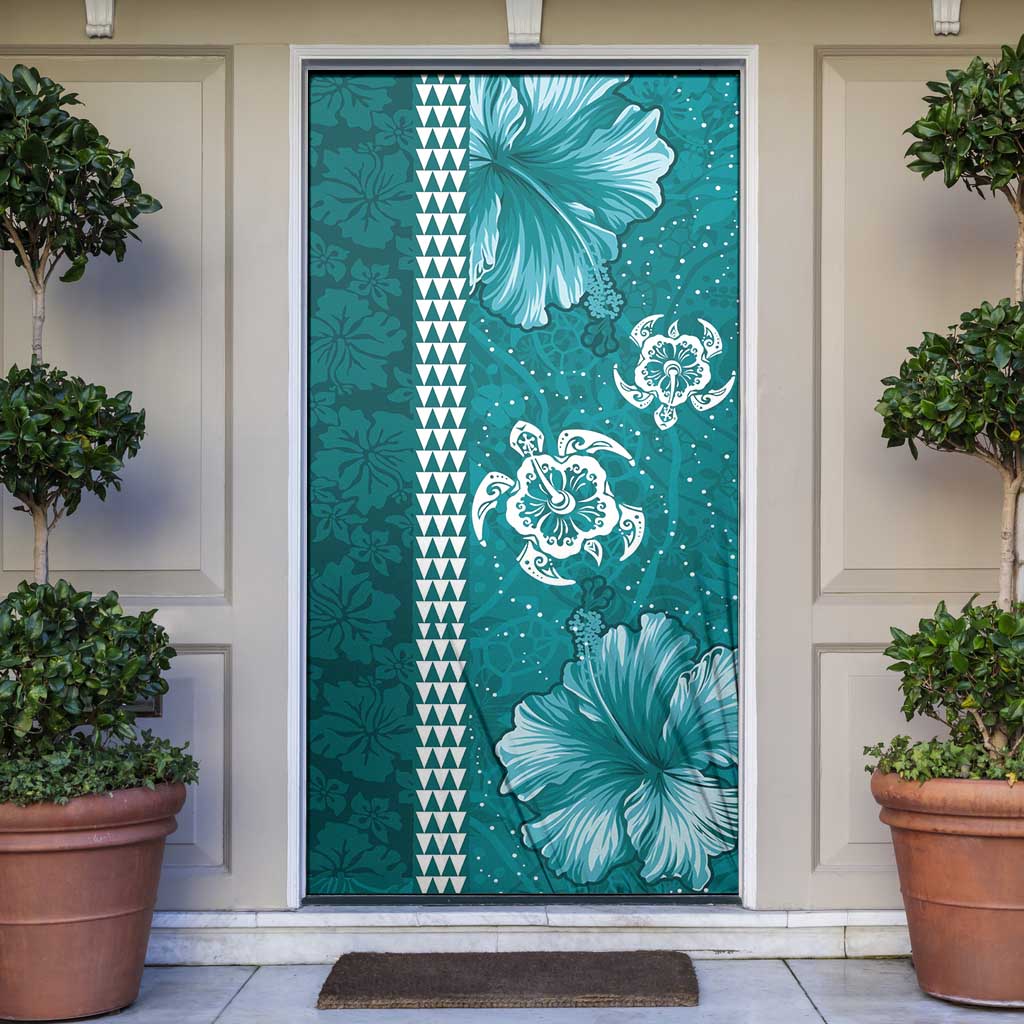 Teal Hibiscus Turle Door Cover Hawaiian Style Tribal Tapa Pattern - Polynesian Pride