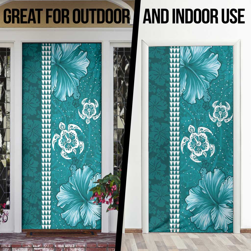 Teal Hibiscus Turle Door Cover Hawaiian Style Tribal Tapa Pattern - Polynesian Pride