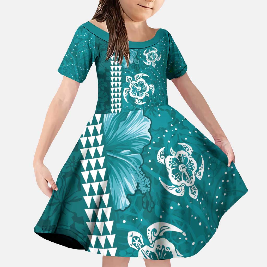 Teal Hibiscus Turle Family Matching Long Sleeve Bodycon Dress and Hawaiian Shirt Hawaiian Style Tribal Tapa Pattern