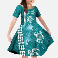Teal Hibiscus Turle Family Matching Long Sleeve Bodycon Dress and Hawaiian Shirt Hawaiian Style Tribal Tapa Pattern