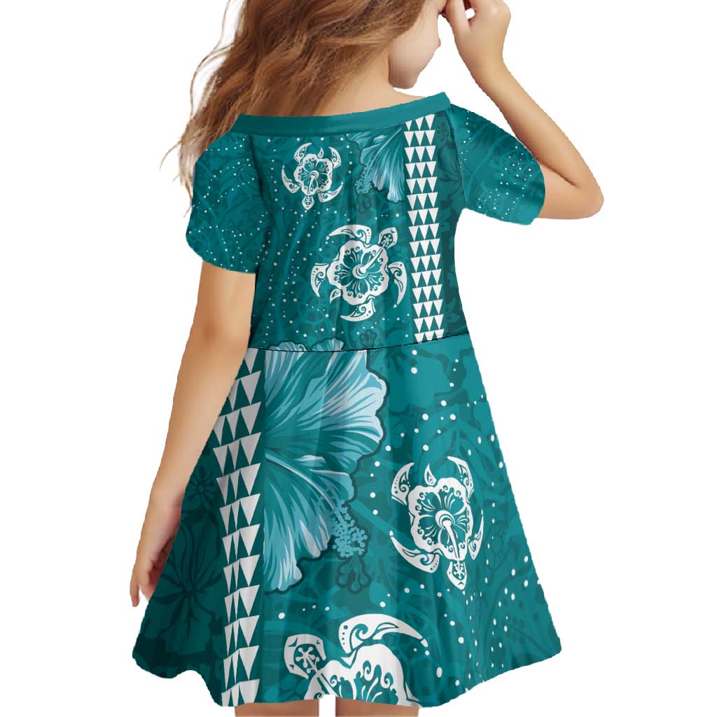 Teal Hibiscus Turle Family Matching Long Sleeve Bodycon Dress and Hawaiian Shirt Hawaiian Style Tribal Tapa Pattern
