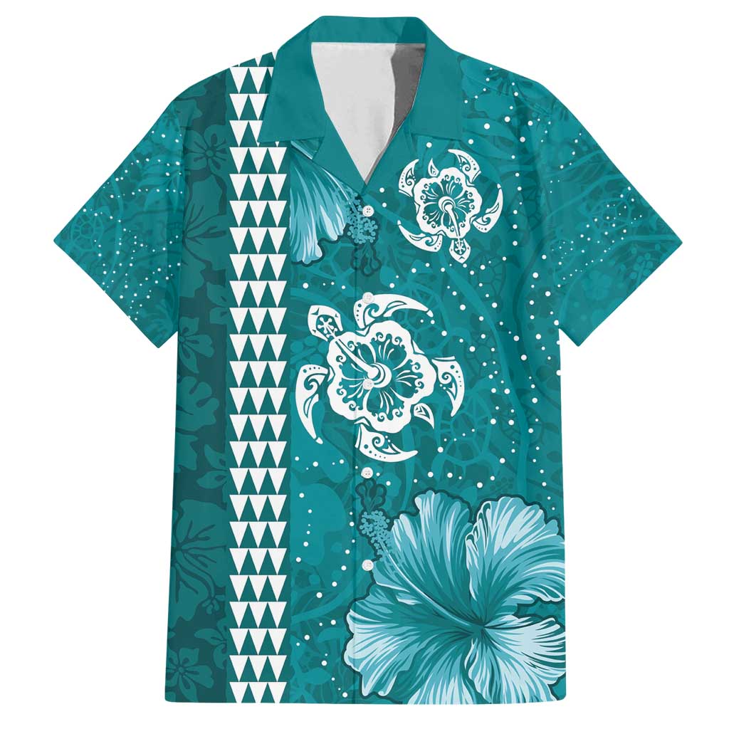 Teal Hibiscus Turle Family Matching Long Sleeve Bodycon Dress and Hawaiian Shirt Hawaiian Style Tribal Tapa Pattern