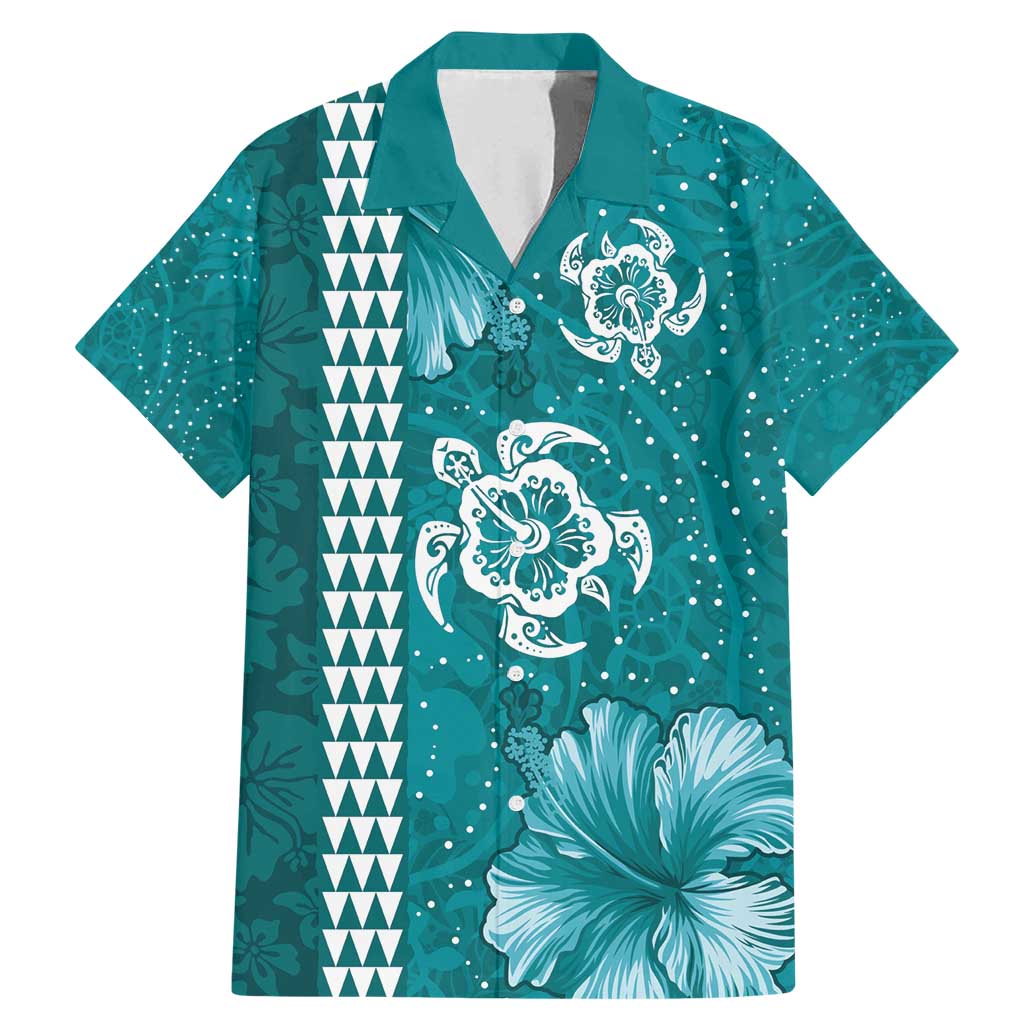 Teal Hibiscus Turle Family Matching Mermaid Dress and Hawaiian Shirt Hawaiian Style Tribal Tapa Pattern